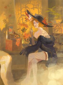 1girl absurdres bare_shoulders bead_necklace beads black_dress black_gloves black_hat blue_eyes blue_eyeshadow bonsai chinese_commentary commentary_request crossed_legs curly_hair curtains dress eyeshadow fascinator feather_boa fishnet_thighhighs fishnets flower garter_straps gloves hat hat_feather hat_flower hat_ornament highres holding holding_paintbrush indoors jewelry jewelry_box lady_pearl_(path_to_nowhere) lipstick long_sleeves looking_at_viewer luori_dianxin makeup mirror multiple_necklaces necklace no_shoes nose orange_hair paintbrush parted_lips path_to_nowhere plant potted_plant red_flower red_lips short_dress short_hair sitting solo thighhighs window