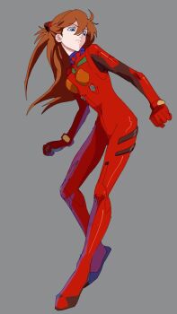 1girl bad_id bad_twitter_id blue_eyes bodysuit breasts grey_background hair_between_eyes highres interface_headset_(evangelion) long_hair looking_to_the_side mecha_pilot_suit neon_genesis_evangelion plugsuit_(evangelion) red_bodysuit red_hair simple_background solo souryuu_asuka_langley swirl9017