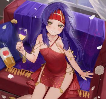 absurdres bracelet commission commissioner_upload dress fire_emblem fire_emblem:_path_of_radiance fire_emblem_heroes glass haru_(nakajou-28) headband highres jewelry nintendo non-web_source petals purple_hair red_dress sanaki_kirsch_altina side_slit skeb_commission solo yellow_eyes