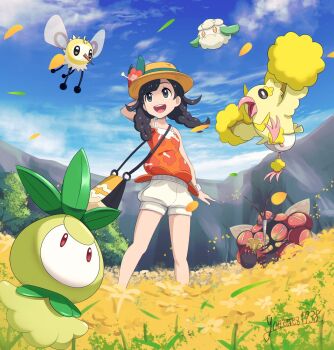 1girl :d black_eyes black_hair blue_sky braid buzzwole cloud cottonee cutiefly day field flower flower_field gen_5_pokemon gen_7_pokemon gonzarez hat highres legendary_pokemon nature nintendo open_mouth oricorio outdoors petilil pokemon pokemon_(creature) pokemon_usum selene_(pokemon) selene_(pokemon_usum) shorts sky smile sun_hat tree twin_braids twitter_username ultra_beast z-ring