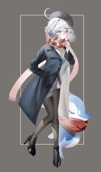 1girl ahoge alternate_costume beret black_coat black_footwear black_hat black_pantyhose blue_eyes blue_hair coat cold fingernails full_body furina_(genshin_impact) genshin_impact hair_between_eyes hand_in_pocket hat heterochromia high_heels highres light_blue_hair light_blush looking_at_viewer pantyhose scarf sidelocks simple_background solo standing striped_clothes striped_scarf yukiusagi_(snowrabbit0508)