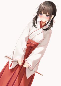 1girl arrow_(projectile) blue_eyes blush bow brown_hair closed_mouth commentary_request dutch_angle flying_sweatdrops grey_background hair_bow hakama hakama_skirt hamaya highres holding holding_arrow japanese_clothes kimono long_hair long_sleeves looking_to_the_side low_twintails miko minato_ojitan original red_hakama ribbon-trimmed_sleeves ribbon_trim simple_background skirt sleeves_past_wrists solo twintails white_bow white_kimono wide_sleeves