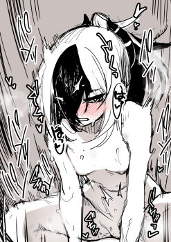 1boy 1girl blue_archive blush clenched_teeth completely_nude girl_on_top hetero highres horns kayoko_(blue_archive) navel nipples nude ponytail sex solo_focus speech_bubble spot_color teeth tsuki_tokage