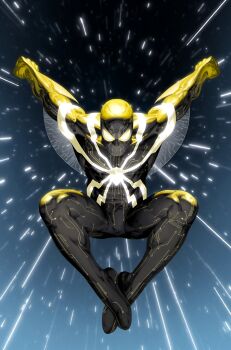 1boy black_bodysuit blue_background bodysuit character_logo character_request clenched_hands comic_cover commentary english_commentary highres looking_at_viewer male_focus marvel mask muscular muscular_male no_pupils official_art solo spider-man_(series) textless_version yoon_junggeun