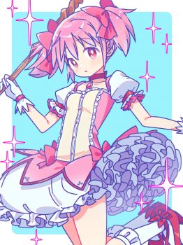 1girl absurdres blue_background blush border bow bow_choker bright_pupils bubble_skirt choker commentary_request cowboy_shot dress dress_bow frilled_skirt frilled_sleeves frilled_socks frills gloves hair_bow highres holding holding_staff kaname_madoka kaname_madoka_(magical_girl) looking_at_viewer magical_girl mahou_shoujo_madoka_magica mahou_shoujo_madoka_magica_(anime) open_mouth outside_border pink_bow pink_dress pink_eyes pink_hair red_choker red_shoes ruru_(rurumagi) shoes short_dress short_hair short_sleeves short_twintails simple_background skirt socks solo sparkle staff twintails white_border white_gloves white_pupils white_skirt white_socks