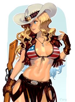 Rule 34 | 1girl, american flag, american flag bikini, american flag print, belt, bikini, bikini top only, blonde hair, blue eyes, breasts, breasts apart, brown gloves, cleavage, commentary, cowboy bebop, cowboy hat, cross, cross necklace, curly hair, english commentary, epaulettes, fingerless gloves, flag print, flag print bikini, frilled vest, frills, front-tie bikini top, front-tie top, gloves, gun, hat, highres, holding, holding gun, holding weapon, jewelry, judy (cowboy bebop), large breasts, lasso, latin cross, lever action, lips, navel, necklace, optionaltypo, pelvic curtain, print bikini, rifle, smile, solo, stomach, swimsuit, toned, vest, weapon