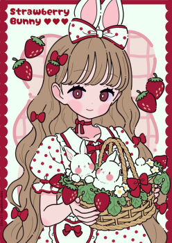 1girl animal animal_ears basket border bow brown_hair choker closed_mouth collared_dress commentary dress english_commentary english_text food fruit hair_bow highres holding holding_basket long_hair looking_at_viewer neki_(wakiko) original polka_dot polka_dot_bow polka_dot_dress puffy_short_sleeves puffy_sleeves rabbit rabbit_ears red_border red_bow red_choker red_eyes short_sleeves smile solo strawberry very_long_hair white_bow white_dress