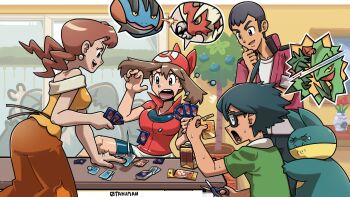2boys 2girls absurdres artist_name bandana berry_(pokemon) bike_shorts black_hair blaziken blue_eyes breasts brown_hair caroline_(pokemon) commentary earrings flower gen_3_pokemon gen_4_pokemon glasses green_shirt highres jewelry max_(pokemon) may_(pokemon) mega_blaziken mega_pokemon mega_sceptile mother_and_child mother_and_daughter mother_and_son multiple_boys multiple_girls munchlax nintendo norman_(pokemon) open_mouth oran_berry otakuman parent_and_child pearl_earrings plant pokemon pokemon_(anime) pokemon_(creature) pokemon_ruby/sapphire/emerald pokemon_tcg pokemon_the_series:_ruby_and_sapphire potted_plant red_bandana red_shirt rose sceptile scissors shirt short_hair short_sleeves slaking sliding_doors smile surprised sweat table trading_card vase