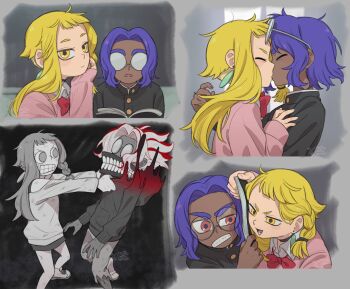 1boy 1girl ariamikukanzaki ayase_momo ayase_momo_(cosplay) black_choker blonde_hair blue_hair book bow braid choker clenched_teeth commentary cosplay dandadan dark-skinned_male dark_skin dirty dirty_clothes dirty_face earrings english_commentary eyebrow_cut gakuran glasses head_rest hetero highres hirooooo_(splatoon) hood hoodie humanization interracial jewelry kiss nintendo off_shoulder opaque_glasses pants pink_sweater red_bow red_eyes school_uniform side_braid sleeves_past_wrists splatoon_(series) splatoon_3 sweater takakura_ken_(dandadan) takakura_ken_(dandadan)_(cosplay) takakura_ken_(transformed)_(dandadan) teeth thick_eyebrows torn_clothes torn_pants veronika_(splatoon) very_dark_skin yellow_eyes