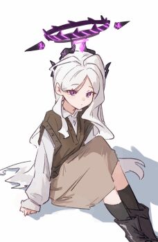 1girl arm_support black_boots black_halo black_horns black_socks blue_archive boots brown_skirt brown_sweater_vest closed_mouth collared_shirt commentary_request demon_horns feet_out_of_frame halo highres hina_(blue_archive) horns kneehighs long_hair looking_at_viewer multiple_horns parted_bangs purple_eyes ru77094 shadow shirt simple_background skirt sleeves_past_wrists socks solo sweater_vest very_long_hair white_background white_hair white_shirt
