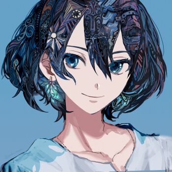 1boy blue_background blue_eyes calcifer collarbone double_exposure earrings fire glowing glowing_earrings hair_between_eyes highres howl_no_ugoku_shiro howl_pendragon jewelry looking_at_viewer male_focus mosaic_pattern portrait shirt short_hair simple_background smile solo upper_body white_shirt yadu_nadu