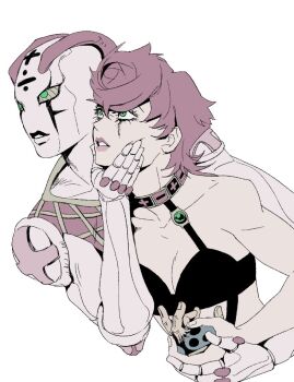 2girls breasts choker chongmu cleavage collarbone cropped_shoulders division_sign eyelashes green_eyes hand_on_another&#039;s_cheek hand_on_another&#039;s_face holding jojo_no_kimyou_na_bouken looking_ahead minus_sign multiple_girls plus_sign short_hair simple_background spice_girl_(stand) stand_(jojo) toned toned_female trish_una vento_aureo white_background