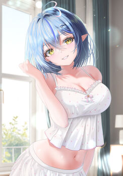 1girl absurdres ahoge armpit_crease bare_shoulders bed blue_hair blush breasts camisole cleavage collarbone commentary_request elf hair_between_eyes hair_ornament heart heart_ahoge highres hololive indoors large_breasts midriff nanaki24 navel official_alternate_costume official_alternate_hair_length official_alternate_hairstyle open_mouth pointy_ears polka_dot polka_dot_camisole polka_dot_skirt skirt sleepwear solo stomach tears virtual_youtuber white_camisole white_skirt yellow_eyes yukihana_lamy yukihana_lamy_(roomwear)