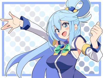1girl :d absurdres aqua_(konosuba) beads blue_eyes blue_hair blue_shirt blue_skirt blush_stickers bow breasts brooch commentary_request cowboy_shot detached_sleeves floating_hair gem green_bow hair_between_eyes hair_ornament hair_rings hand_up highres jewelry kono_subarashii_sekai_ni_shukufuku_wo! long_hair looking_at_viewer medium_breasts noyama_takenoko open_mouth outline polka_dot polka_dot_background shirt sidelocks simple_background skirt sleeveless sleeveless_shirt smile solo thighhighs thumbs_up upper_body v white_background white_outline white_sleeves