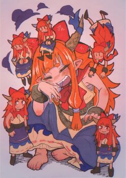6+girls :d absurdres bare_arms barefoot blush bow bowtie brown_horns chest_sarashi closed_eyes cuffs elbow_blush gradient_background hair_bow highres horn_ornament horns ibuki_suika inuyama_konan long_hair multiple_girls nose_blush oni open_mouth orange_eyes orange_hair pointy_ears red_bow red_bowtie sarashi shackles sharp_teeth shirt shoulder_blush simple_background sitting sitting_on_head sitting_on_person skirt smile standing teeth thick_eyebrows touhou white_shirt
