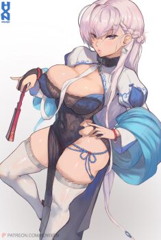 1girl artist_name azur_lane belfast_(azur_lane) belfast_(iridescent_rosa)_(azur_lane) blue_eyes breasts china_dress chinese_clothes commentary dress earrings folded_fan folding_fan hand_fan hand_on_own_hip holding holding_fan howxen jewelry large_breasts lingerie long_hair official_alternate_costume puffy_short_sleeves puffy_sleeves short_sleeves signature solo thighhighs two-tone_dress underwear watermark web_address white_hair white_thighhighs