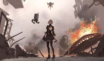 Rule 34 | 1girl, 2b (nier:automata), back cutout, black boots, black dress, black gloves, boots, clothing cutout, commentary request, distillation column, dress, embers, facing away, facing up, feather-trimmed sleeves, fire, from behind, gloves, grey hair, high heel boots, high heels, highres, juliet sleeves, katana, long sleeves, nekoyana, nier:automata, nier (series), pod (nier:automata), puffy sleeves, rubble, short hair, smoke, sword, thigh boots, twitter username, virtuous contract, weapon, wreckage