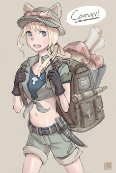 1girl animal_ears backpack bag carv dagger ears_through_headwear female_focus gender_request genderswap gloves goggles hat knife league_of_legends map mushroom personification ponytail randoseru shorts solo teemo telescope weapon