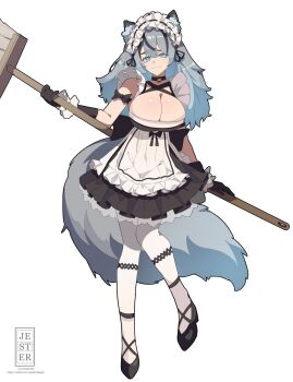 1girl :3 animal_ear_fluff animal_ears apron bell black_choker black_dress black_gloves black_hair black_ribbon black_shoes black_skirt blue_eyes breasts broom bursting_breasts choker cleavage closed_mouth dress frilled_dress frills full_body gloves grey_hair hair_between_eyes highres holding holding_broom jesternalagon large_breasts long_hair looking_at_viewer maid maid_apron maid_headdress multicolored_hair neck_bell original pantyhose ribbon shoes simple_background skirt smile smug solo standing standing_on_one_leg streaked_hair tail waist_apron white_apron white_background white_pantyhose wolf_ears wolf_girl