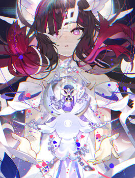 1girl arm_ribbon bare_shoulders black_hair choker columbina_(genshin_impact) commentary_request dress feathered_wings genshin_impact hair_ribbon head_wings long_hair long_sidelocks luonnotar_(genshin_impact) multicolored_hair multiple_wings pink_eyes pink_hair ribbon scottie_(phantom2) sidelocks very_long_hair white_choker white_dress white_ribbon white_wings wings