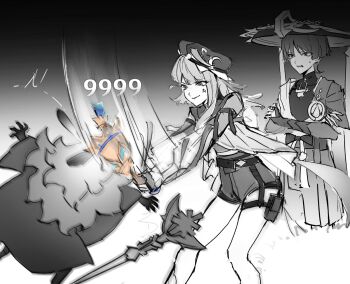 1boy 1girl abyss_mage_(genshin_impact) anger_vein arm_belt armor battle_damage beret blunt_bangs blunt_ends bodysuit bonk bow bridal_gauntlets cape covered_collarbone cropped_legs cropped_shirt crossed_arms damage_numbers detached_sleeves eyelashes frown gameplay_mechanics gem genshin_impact gold_bell greyscale hakama hakama_shorts hand_on_own_arm hat highres holding holding_weapon japanese_armor japanese_clothes jingasa kimono kote lic_617 long_sidelocks long_sleeves looking_at_another mandarin_collar middle_ring midriff_peek monochrome monochrome_background oc_x_canon open_clothes open_kimono open_mouth original outstretched_arms pleated_shorts pouch scaramouche_(genshin_impact) shirt short_hair_with_long_locks short_sleeves shorts shoulder_peek sidelocks single_sidelock sketch smile spot_color staff sweatdrop teeth thigh_pouch thigh_strap tilted_headwear tsurime tulaytullah's_remembrance_(genshin_impact) upper_teeth_only vision_(genshin_impact) wanderer_(genshin_impact) weapon wispy_bangs