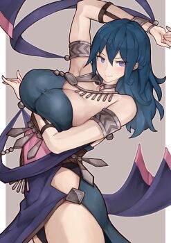 1girl absurdres alternate_costume ancient_greek_clothes arm_under_breasts arm_up armlet armpits bare_arms bare_shoulders black_panties blue_eyes blue_hair breast_press breasts cleavage collarbone dancer dancer_(fire_emblem:_three_houses) dancing dress female_byleth_(fire_emblem) fire_emblem fire_emblem:_three_houses greco-roman_clothes grey_background highres jewelry long_hair nintendo panties single-shoulder_dress skindentation smile solo thighs underwear upskirt yotsuha_uni