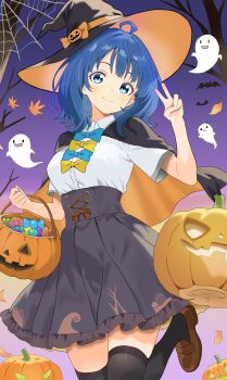 1girl absurdres ahoge arm_up bat_(animal) black_skirt black_thighhighs blue_bow blue_eyes blue_hair blush bow candy coat collared_shirt food ghost halloween halloween_bucket halloween_costume hat highres iv_(gwps8853) loafers make_heroine_ga_oo_sugiru! medium_hair pumpkin shirt shoes silk skindentation skirt spider_web t-shirt thighhighs v white_shirt witch_hat yanami_anna yellow_bow