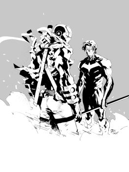 batman_(series) black_hair blue_mask bodysuit brothers dated dc_comics dexter_soy dick_grayson gloves greyscale helmet highres hood jason_todd male_focus mask monochrome monochrome_background muscular nightwing red_hood_(dc) red_ronin_(dc) short_hair siblings signature simple_background standing superhero_costume sword upper_body weapon weapon_on_back white_eyes white_hood