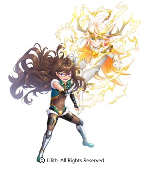 2boys absurdres androgynous angry blonde_hair blush bodysuit boots brown_hair bulge commentary_request copyright_name copyright_notice covered_navel dual_persona electricity fighting_stance fingerless_gloves floating_hair full_body fur gloves gold_headdress hair_intakes highres horns leotard lilith-soft long_hair looking_at_viewer multiple_boys obui official_art open_mouth purple_eyes second-party_source serious shiny_clothes shiny_skin skin_tight solo summoning taimanin_(series) taimanin_rpgx taimanin_suit takemikazuchi_(taimanin_series) teeth trap uehara_shikanosuke very_long_hair white_background