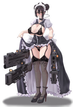 1girl agent_(girls'_frontline) aiming aiming_at_viewer alternate_breast_size_(larger) black_bra black_dress black_hair black_panties blush bra breasts breasts_out clothes_lift commentary_request double_bun dress dress_lift embarrassed frilled_dress frills frown full_body garter_straps girls'_frontline groin gun hair_between_eyes hair_bun high_heels highres hip_focus holding holding_gun holding_weapon large_breasts lifting_own_clothes maid_headdress mechanical_arms medium_hair panties popoman presenting shirt shirt_under_dress solo standing thighhighs underwear weapon white_shirt yellow_eyes