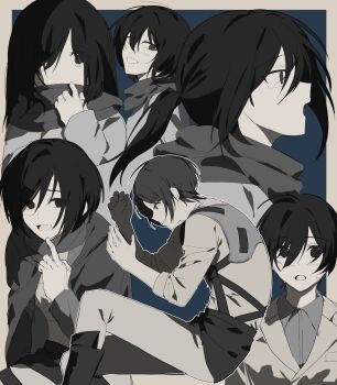 1girl aged_down black_hair blue_background boots cardigan child collared_shirt commentary_request enpera facial_scar feet_out_of_frame from_side hair_between_eyes hasugu highres jacket korean_commentary long_hair looking_at_viewer mikasa_ackerman multiple_views official_alternate_costume official_alternate_hair_length official_alternate_hairstyle open_mouth outside_border pants paradis_military_uniform ponytail profile scar scar_on_cheek scar_on_face scarf shingeki_no_kyojin shirt short_hair sitting skirt smile upper_body