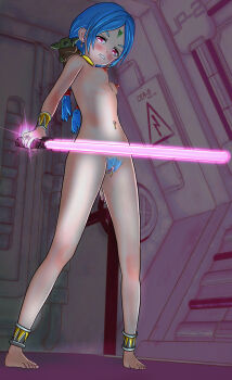 1girl 3d akkadian_lantern_corps anklet armlet bdsm blue_hair blue_pubic_hair blush body_blush breasts cleft_of_venus clenched_teeth clitoral_hood clitoris clitoris_piercing collar colored_pubic_hair completely_nude earrings erect_clitoris facial_mark feet female_focus female_pubic_hair forehead_mark freckles full_body grogu guardians_of_akkadia hazard_symbol highres holding holding_weapon indoors jewelry kyoshourz loli long_hair long_twintails looking_at_object looking_down masaki_sasami_jurai nail_polish navel navel_piercing nipples nude perky_breasts piercing pink_eyes pink_nails princess_sassi pubic_hair pussy pussy_piercing sky slave small_breasts smile solo star_wars stuffed_toy tareme teeth tenchi_muyou! twintails uncensored weapon