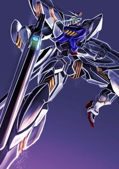 Rule 34 | aqua eyes, beam rifle, commentary request, deraken, energy gun, eye trail, glowing, glowing eyes, gradient background, gun, gundam, gundam age, gundam legilis, highres, holding, holding gun, holding weapon, light trail, mecha, mecha focus, mobile suit, no humans, robot, science fiction, solo, v-fin, weapon