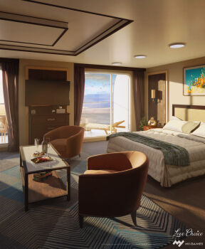 3d armchair bed bed_sheet bedroom bird blanket blue_sky book book_stack carpet chair chest_of_drawers cloud cloudy_sky day drawer highres morning no_humans ocean original painting_(object) picture_frame scenery shadow shore sky sunlight surafin table television window_shadow