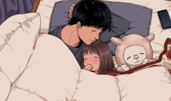 1boy 1girl age_difference bed black_hair blanket brown_hair cellphone commentary_request cuddling light_smile original phone pillow shared_bed shared_blanket shiratama_(pixiv_89836035) sleeping smartphone under_covers