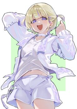 1girl arms_up blonde_hair choker green_background hashtag-only_commentary highres hololive hololive_dev_is jacket navel_peek open_mouth otsu_hai18 purple_eyes shirt shorts todoroki_hajime todoroki_hajime_(1st_costume) two_side_up virtual_youtuber white_shirt