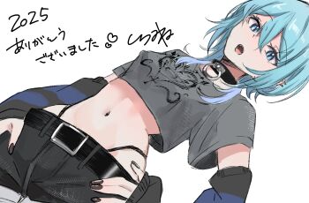 1girl 2025 :o absurdres belt belt_buckle black_belt black_collar black_nails black_shorts blue_eyes blue_hair breasts buckle collar commentary_request cowboy_shot crop_top cropped_shirt detached_sleeves dutch_angle fingernails grey_shirt hakudak hands_on_own_hips highres long_sleeves looking_at_viewer medium_hair nail_polish navel open_mouth original panty_straps print_shirt shirt short_shorts short_sleeves shorts simple_background small_breasts solo spike_piercing stomach translation_request tsukioka_shizuku white_background wolf_cut