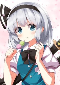 Rule 34 | 1girl, :t, black bow, black bowtie, black hairband, blue eyes, blush, bow, bowtie, closed mouth, collared shirt, commentary request, dango, eating, food, green vest, grey hair, hairband, hands up, highres, holding, holding food, konpaku youmu, looking at viewer, pink background, puffy short sleeves, puffy sleeves, ruu (tksymkw), sanshoku dango, sheath, shirt, short hair, short sleeves, solo, sweat, touhou, upper body, vest, wagashi, white shirt