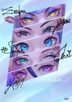 5girls absurdres ahri_(league_of_legends) akali black_eyes blue_eyes evelynn_(league_of_legends) eyeshadow green_eyes highres k/da_all_out_ahri k/da_all_out_akali k/da_all_out_evelynn k/da_all_out_kai&#039;sa k/da_all_out_seraphine_superstar kai&#039;sa league_of_legends looking_at_viewer makeup mettyon multiple_girls purple_eyes purple_eyeshadow seraphine_(league_of_legends) yellow_eyes