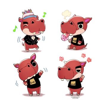 1boy animal_crossing animal_ears biff_(animal_crossing) bow bowtie darkgreyclouds closed_eyes flower food formal_clothes furry furry_male hat hippopotamus hippopotamus_ears hippopotamus_tail male_focus musical_note nintendo open_mouth popsicle solo suit teeth white_background