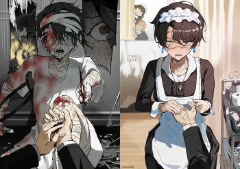 1boy 1other 2girls :o absurdres applying_bandaid apron bandage_on_nose bandage_over_one_eye bandaged_arm bandaged_chest bandaged_head bandaged_leg bandages bandaid bandaid_on_hand before_and_after black_dress black_hair bleeding blind_eye blonde_hair blood blood_on_clothes blood_on_hands bloody_bandages brown_eyes close-up commentary contrast_collar crazy crutch curtains cuts dirty dirty_clothes dog_tags dress earrings english_commentary english_text explosion eye_injury eyebrow_cut first_aid flashback gauze gauze_on_cheek gauze_on_hand gauze_on_knee glass glass_shards grey_eyes hair_between_eyes heterochromia highres holding holding_hands holding_knife hospital_gown indoors infirmary injury jewelry kidney_tray knee_up knife long_sleeves looking_at_viewer maid maid_headdress making-of_available mole mole_under_mouth multiple_girls multiple_views no_eyes one_eye_covered open_mouth original own_hands_together panicking park_ongjol peeking_out pov pov_hands ptsd scar scar_across_eye scar_on_face scar_on_forehead scar_on_hand scar_on_mouth scar_on_neck scar_on_nose scarred_tomboy_maid_(park_ongjol) scissors serving_cart short_hair short_sleeves sitting split_screen stab traumatized trembling twitter_username v-shaped_eyebrows white_apron white_gown wide-eyed wooden_floor
