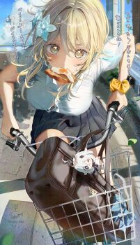 1girl absurdres alternate_costume bag_charm bicycle blonde_hair blurry blush bread bread_slice breasts button_gap character_charm character_name charm_(object) commentary_request depth_of_field flower food food_in_mouth fried_egg genshin_impact hair_between_eyes hair_flower hair_intakes hair_ornament highres kabu_usagi large_breasts looking_at_viewer lumine_(genshin_impact) paimon_(genshin_impact) riding riding_bicycle school_uniform scrunchie shirt short_hair short_hair_with_long_locks sidelocks signature solo sweat translation_request white_flower white_shirt wrist_scrunchie yellow_eyes yellow_scrunchie