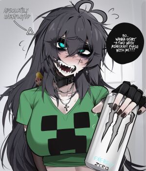 1girl ace_glitch arrow_(symbol) bags_under_eyes black_gloves black_hair blue_eyes blush breasts can character_print commentary creeper cross cross_necklace double-parted_bangs drink_can english_commentary english_text fingerless_gloves flying_sweatdrops gloves green_shirt grey_background hair_between_eyes highres holding holding_can inashi_(ace_glitch) jewelry large_breasts long_hair looking_at_viewer messy_hair minecraft monster_energy necklace open_mouth original pearto print_shirt sharp_teeth shirt short_sleeves smile solo speech_bubble sweat teeth upper_body
