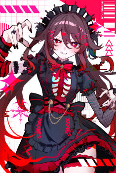 1girl alternate_costume ama_some_(kr0ri) asymmetrical_sleeves black_dress black_nails brown_hair detached_sleeves dress fishnet_sleeves fishnets flower-shaped_pupils frilled_thigh_strap genshin_impact ghost_pose hair_ornament hairclip highres hu_tao_(genshin_impact) jewelry long_hair looking_at_viewer maid_headdress mismatched_sleeves multiple_rings red_eyes ring single_detached_sleeve single_fishnet_armwear solo symbol-shaped_pupils thigh_strap twintails
