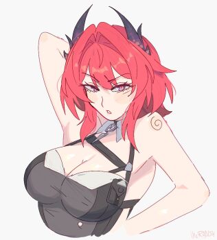 1girl arknights arknights:_endfield arm_up bare_shoulders breasts cleavage commentary english_commentary horns laevatein_(arknights) large_breasts looking_at_viewer purple_eyes red_hair short_hair solo surtr_(arknights) unfamousradish upper_body