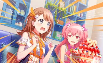 2girls basket blueberry blush brown_hair center_frills collared_shirt colorful_palette cream dotabata_cafe_rec!!_(project_sekai) emphasis_lines feathers food frills fruit game_cg glass grey_eyes hair_ornament hanasato_minori highres holding holding_spoon momoi_airi multiple_girls official_art open_mouth pink_eyes pink_hair project_sekai shirt spoon strawberry sweat third-party_source tongue two_side_up v-shaped_eyebrows white_shirt