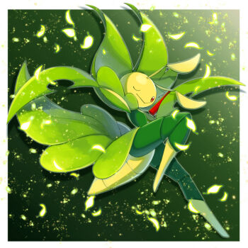 antennae arthropod_girl bug closed_mouth full_body gen_5_pokemon highres leaf leavanny looking_at_viewer misubaru_rin nintendo one_eye_closed pokemon pokemon_(creature) pokemon_focus red_eyes smile solo