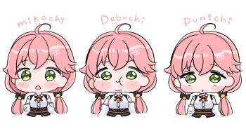 1girl :o :t black_bow blush_stickers bow chibi closed_mouth collared_shirt cropped_torso dress_shirt green_eyes hair_between_eyes hair_bow highres hololive long_hair low_twintails mochimiko multiple_views parted_lips pink_hair sakura_miko shirt simple_background twintails upper_body virtual_youtuber white_background white_shirt white_sleeves