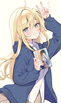 Rule 34 | 1girl, :d, ahoge, blonde hair, blue jacket, blush, book, brown skirt, character request, collared shirt, commentary request, dress shirt, grey eyes, grin, highres, holding, holding book, hood, hood down, hooded jacket, jacket, kanagi nagi, long hair, looking at viewer, meta, miniskirt, notice lines, one side up, open clothes, open jacket, open mouth, pleated skirt, school uniform, shirt, skirt, smile, uchi no seiso-kei iinchou ga katsute chuunibyou idol datta koto wo ore dake ga shitteiru., v, v over head, white shirt, yugaa