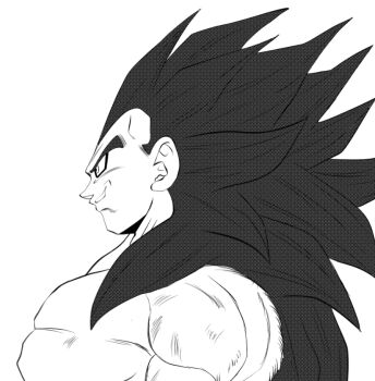 1boy black_hair body_fur dragon_ball dragon_ball_gt from_side long_hair male_focus monkey_boy muscular muscular_male no_nipples pectorals red_fur saiyan smile solo spiked_hair super_saiyan super_saiyan_4 vegeta xelyus